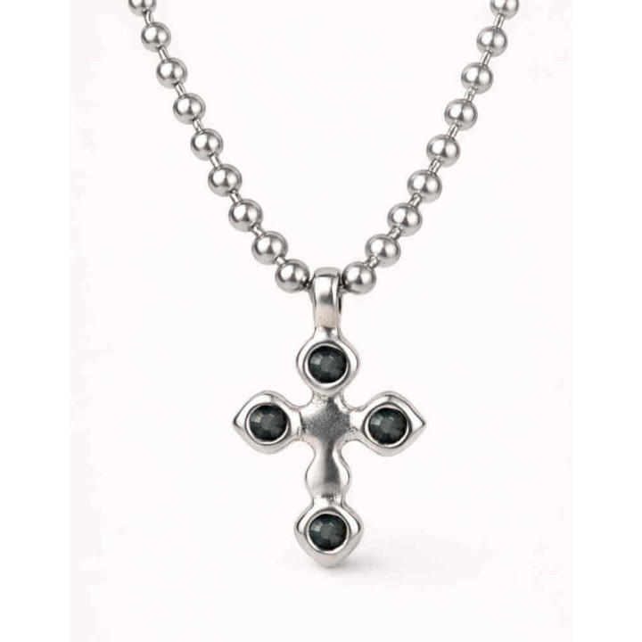 Collier perles croix noire pendentif