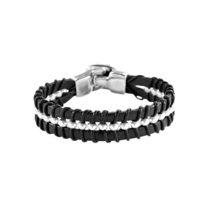Silver Beads Black Leather Bracelet
