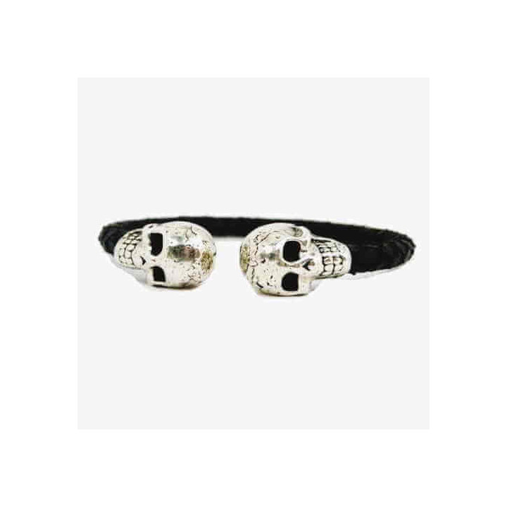 Double Skull Leather Cuff Bracelet